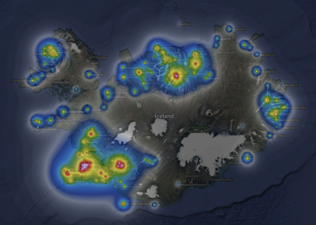 light pollution map of Iceland