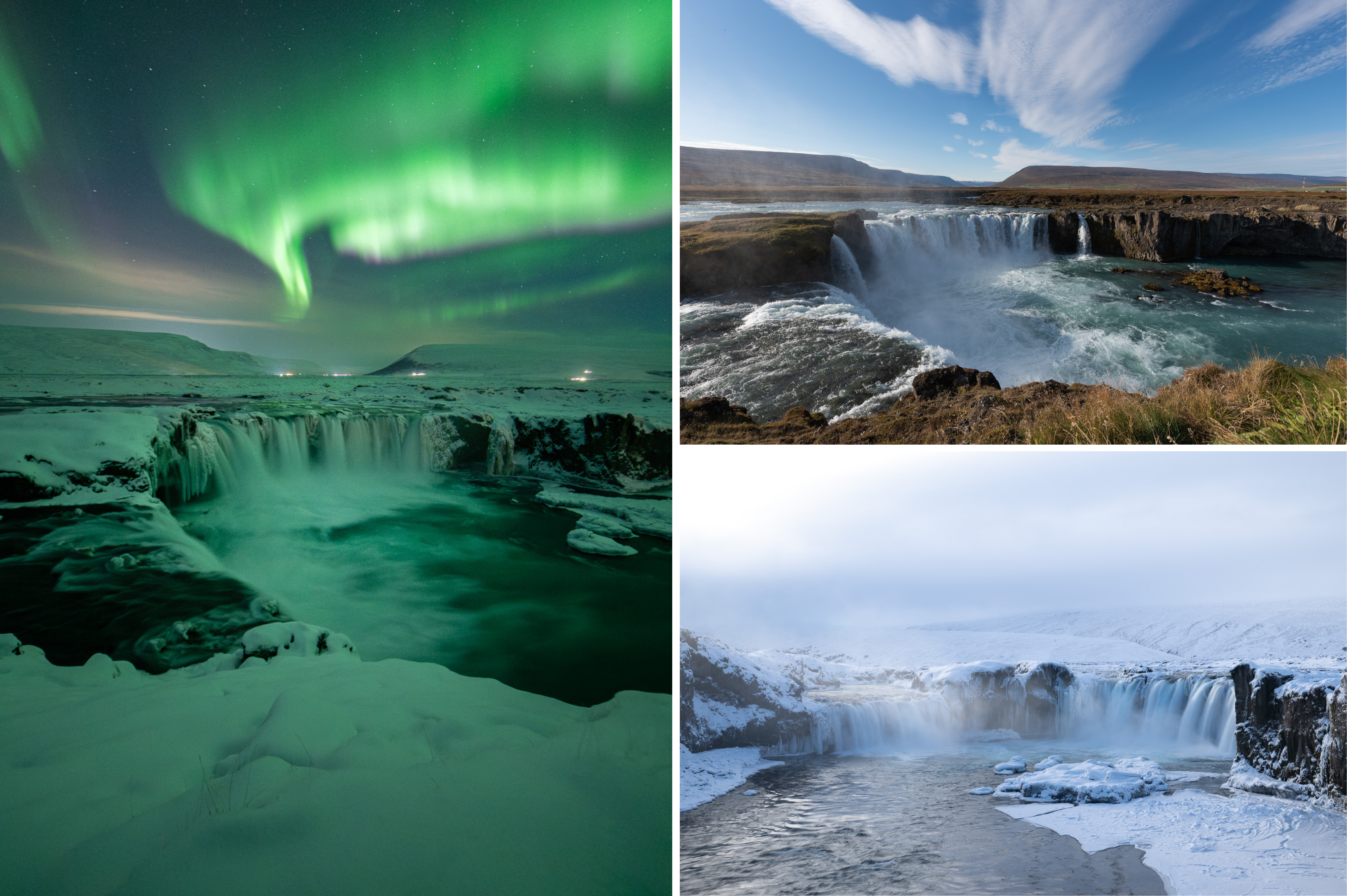 Photographie de la cascade Godafoss à différentes saisons