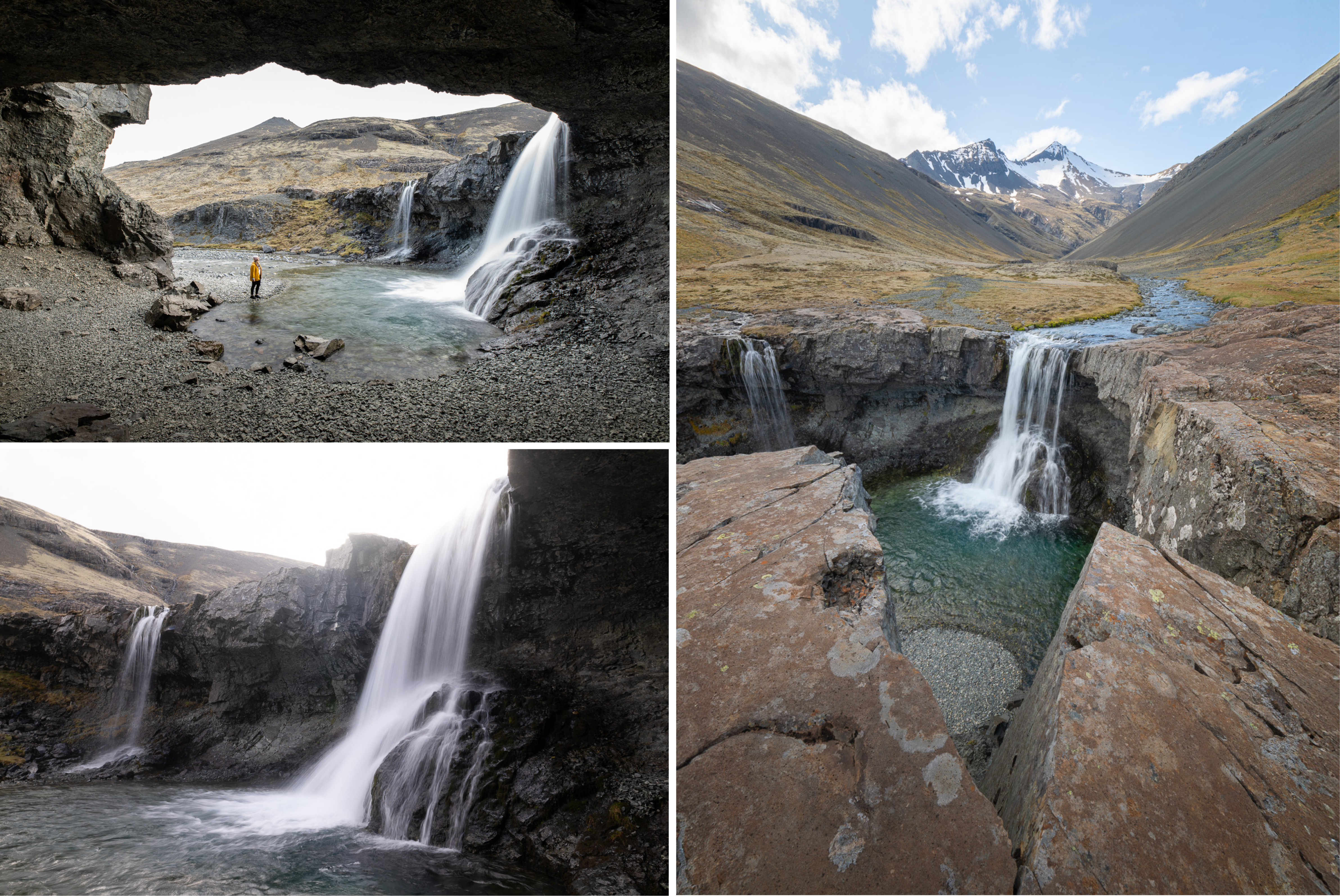 Photographie de la cascade Skutafoss en Islande avec différents angles
