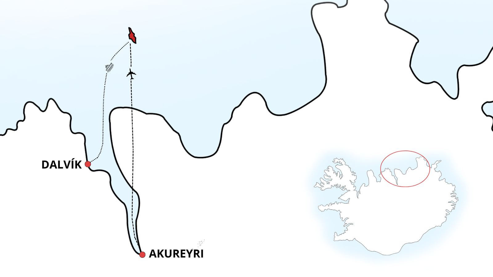 Carte de l'île de Grimsey en Islande, accessible en ferry ou en avion