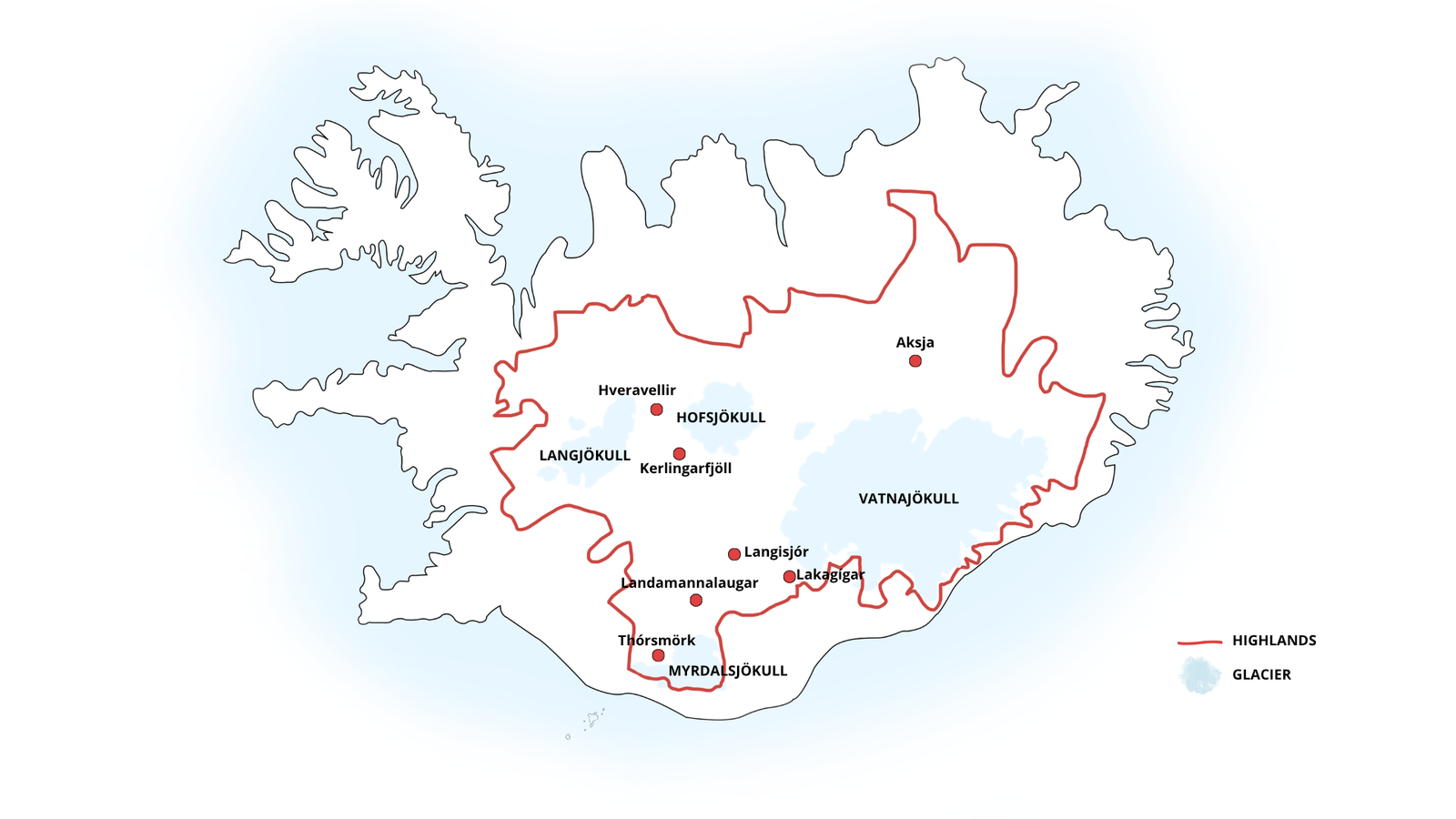 Carte des Hautes-Terres en Islande avec le nom des lieux et des glaciers