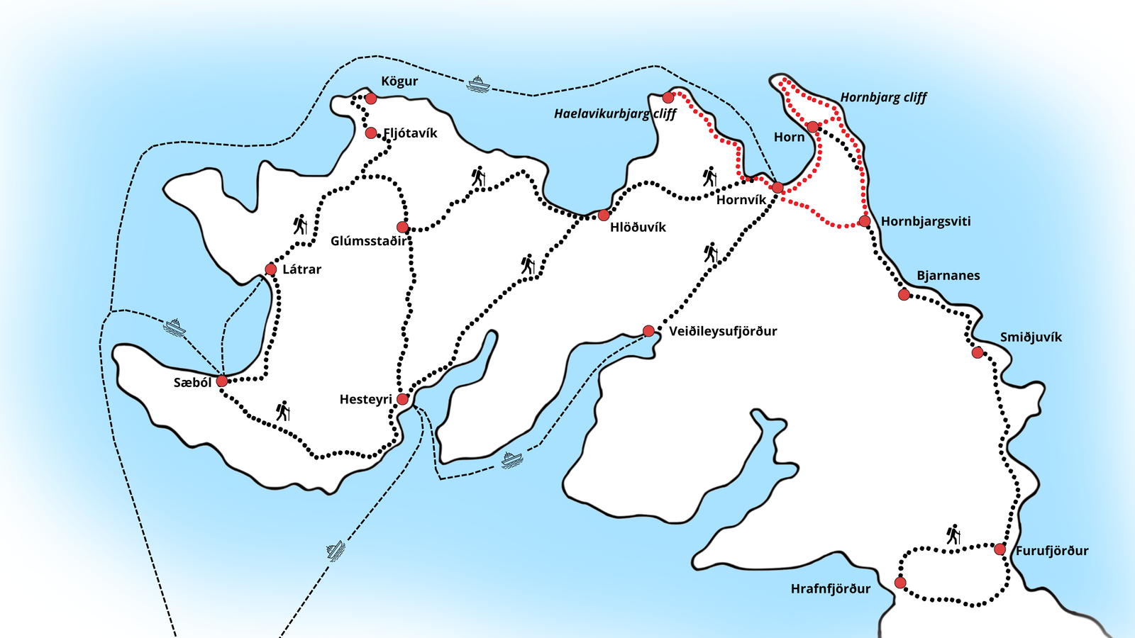 Carte de Hornstrandir avec les randonnées et villes principales
