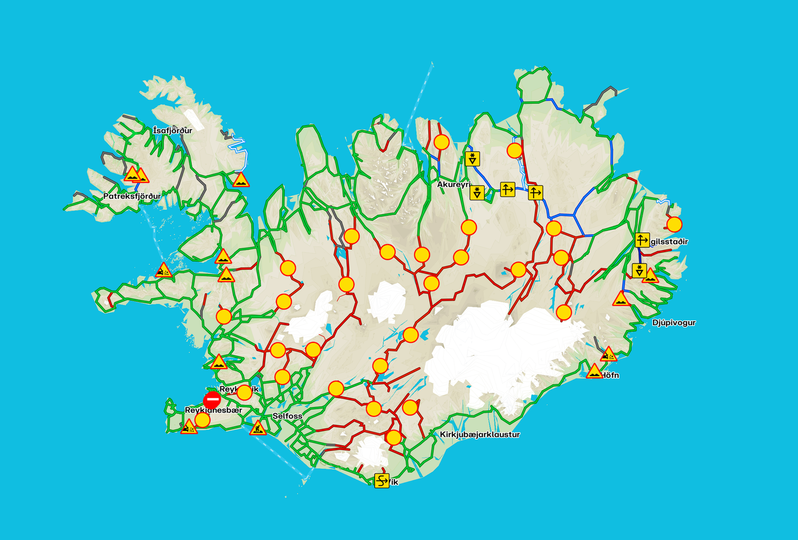 Capture d'écran du site web road.is qui montre les routes fermées dans le centre de l'Islande