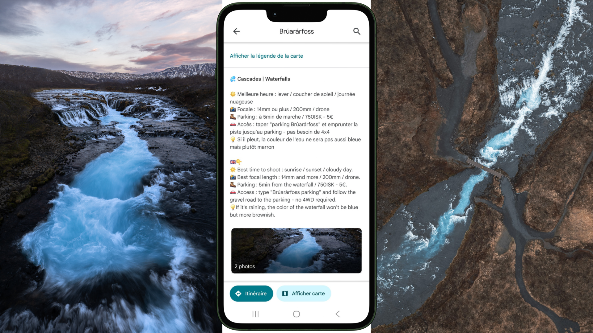 Exemple d'une fiche détaillé d'un spot sur la carte interactive islande, avec conseils voyages et photos