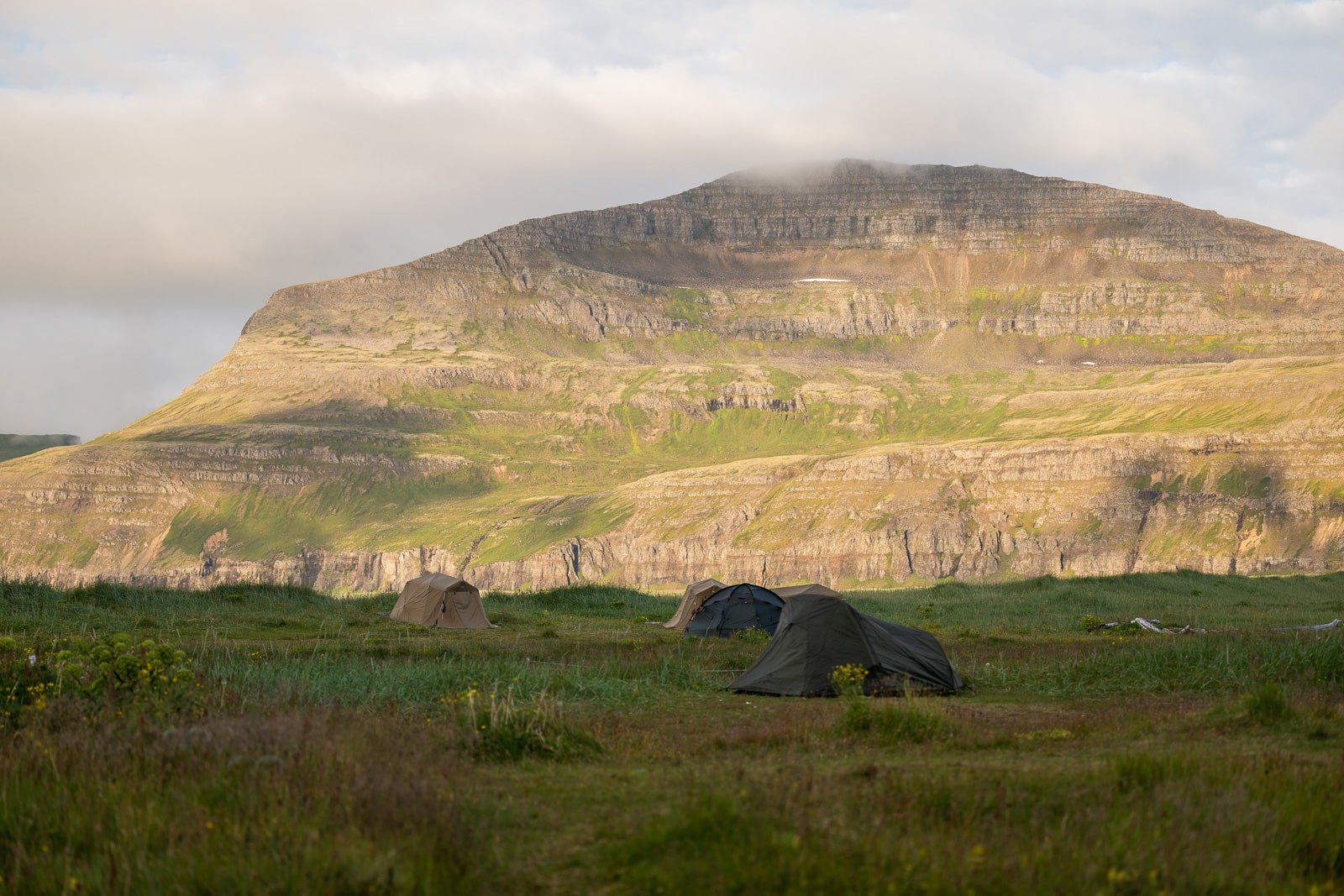 Vue du camping de la réserve de Hornstrandir en Islande