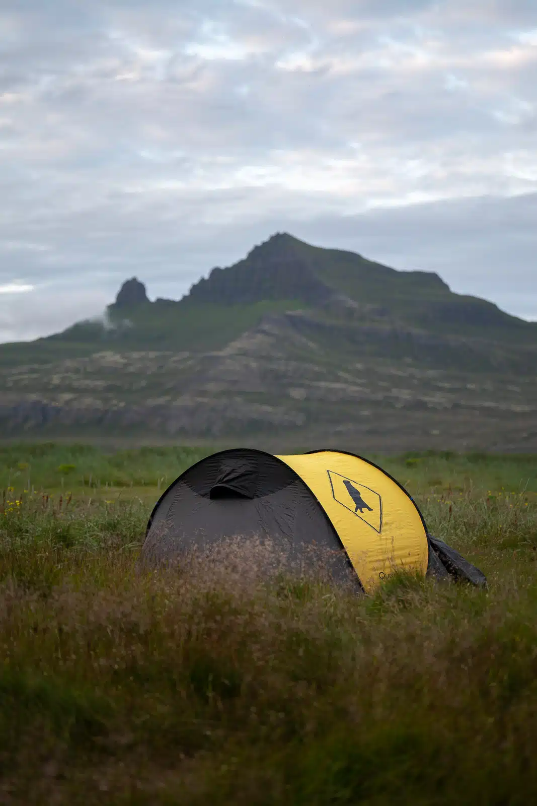 Photograph of a tent in front of Hornbjarg in Iceland