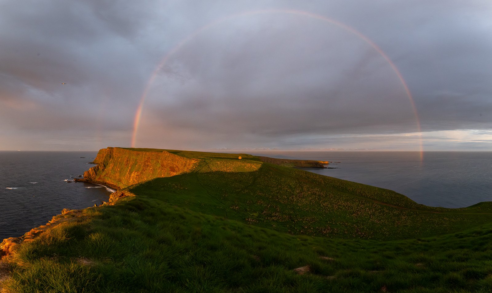 Vue panoramique de l'île de Grimsey avec un arc-en-ciel